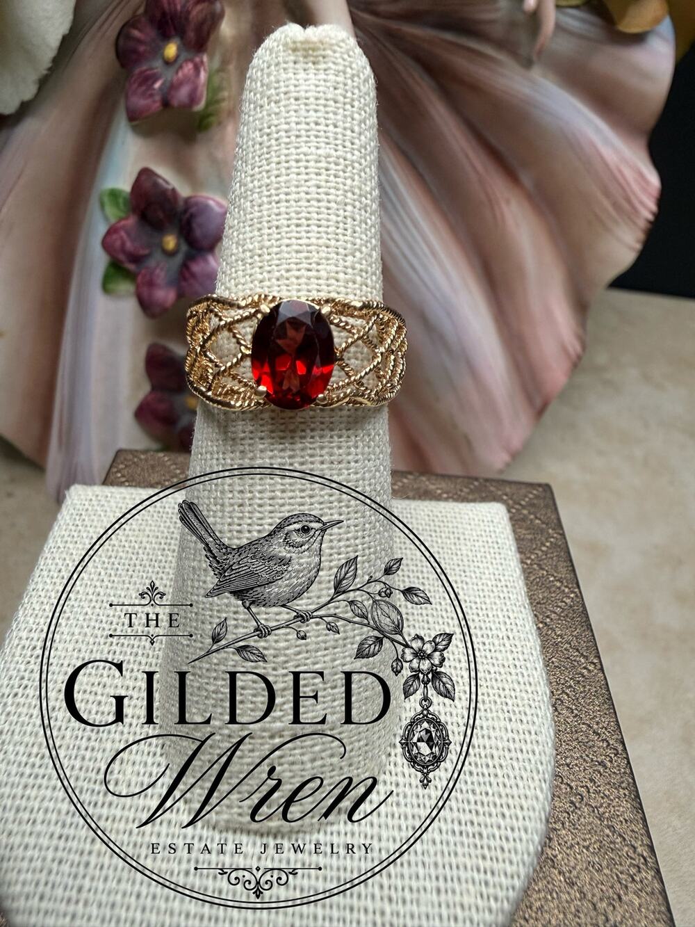 Vintage 14K Gold Natural Garnet Ring Oval Estate Openwork Cocktail Size 6.25
